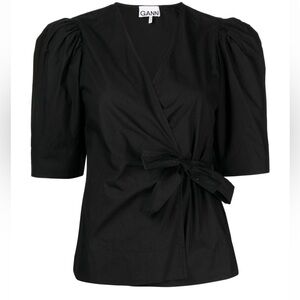 Ganni black poplin wrap shirt